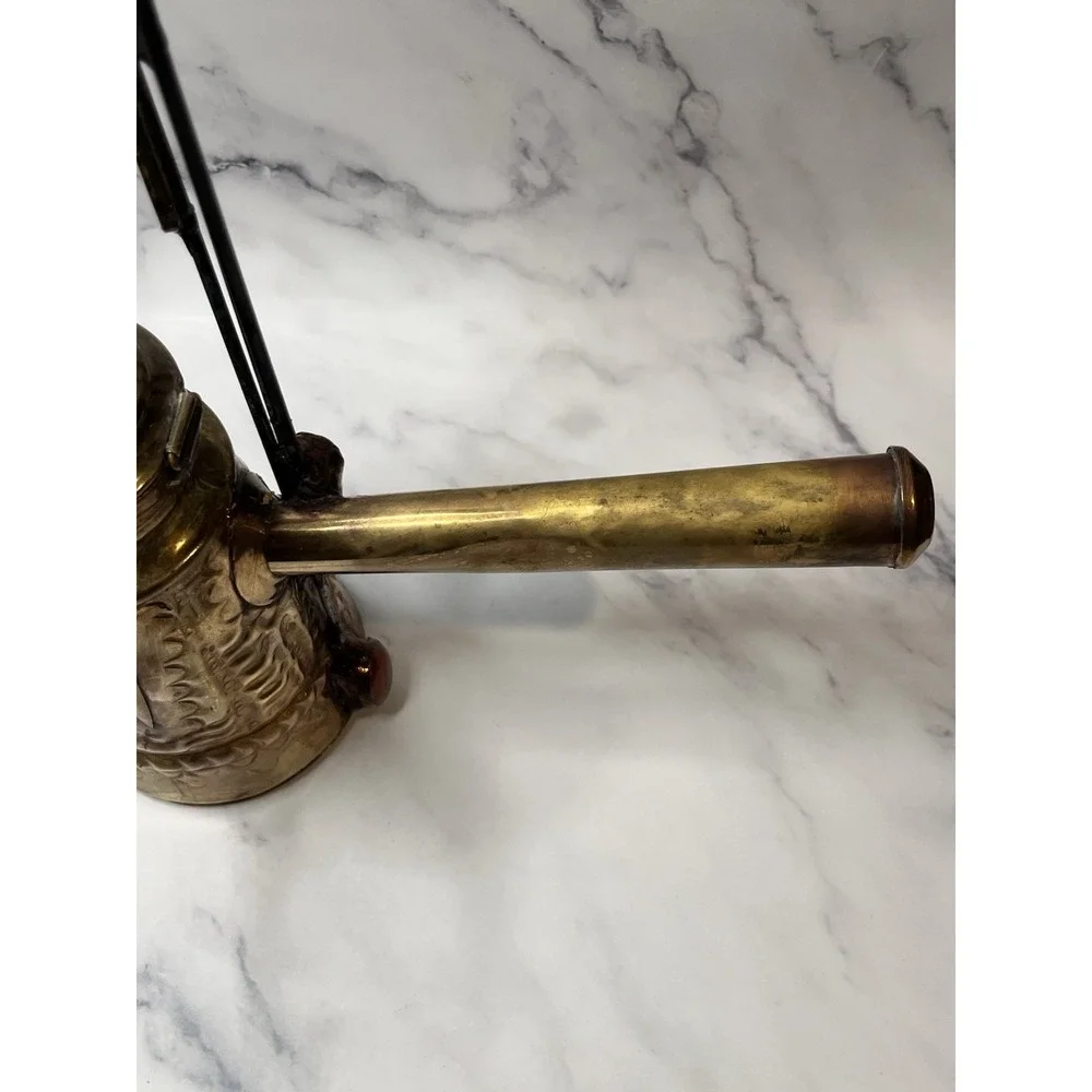 Vintage Brass Turkish Arabic Dallah Coffee Pot With Glass Embellishments Feather